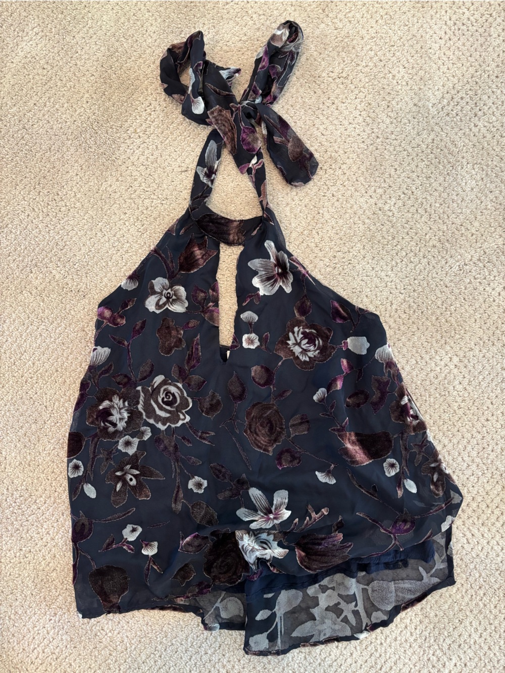 Astr Velvet Floral Appliqué Halter Top in Blue and Plum